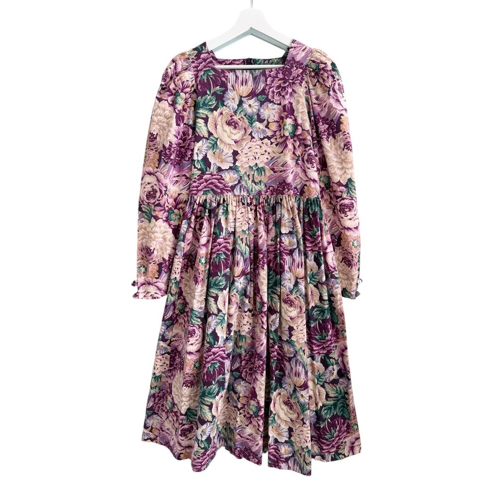 Laura Ashley Vintage 80's Floral Cotton Puff Sleeve Square Neck Midi Dress US 12